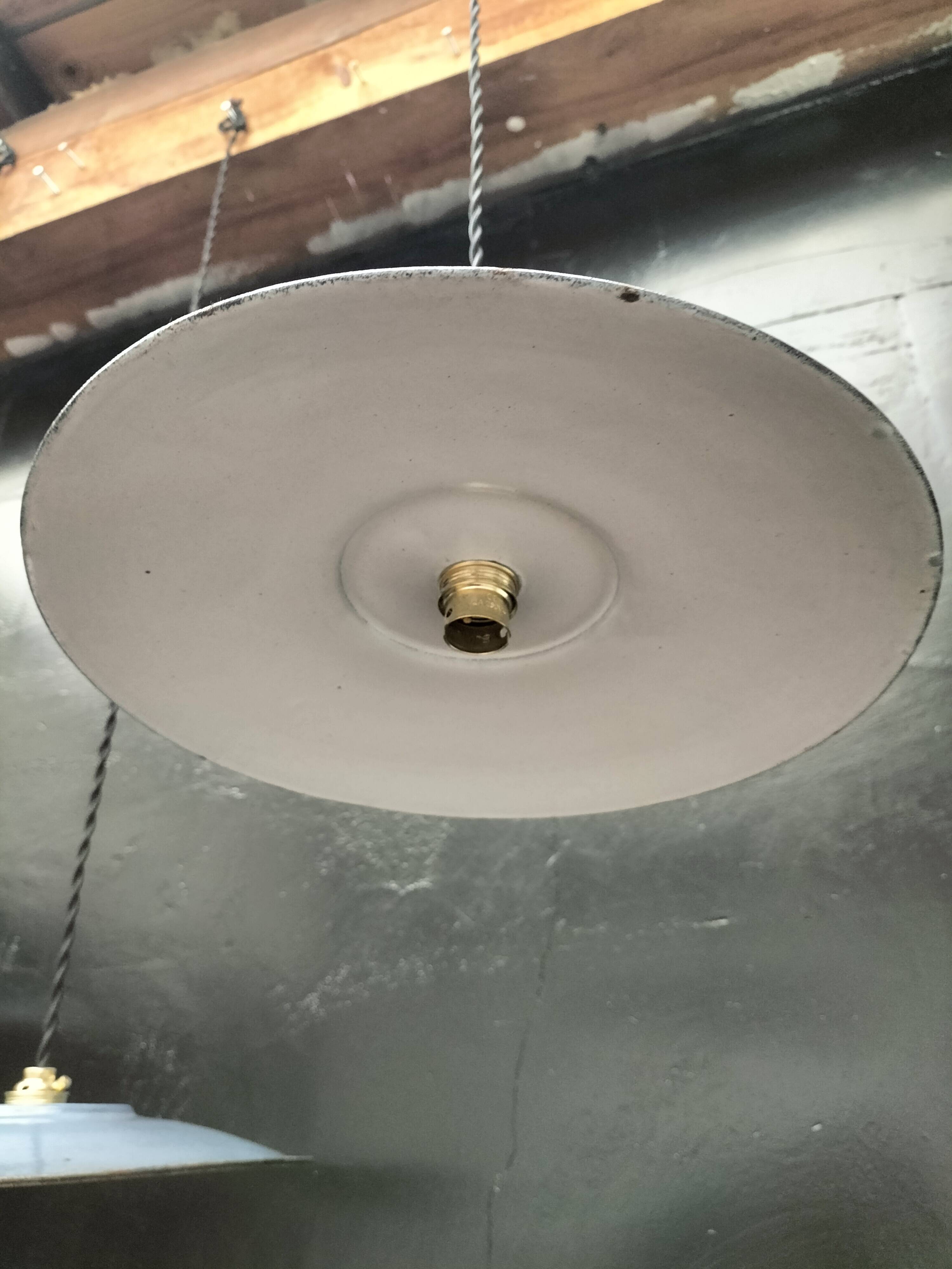 3 blue enameled sheet metal pendant lights