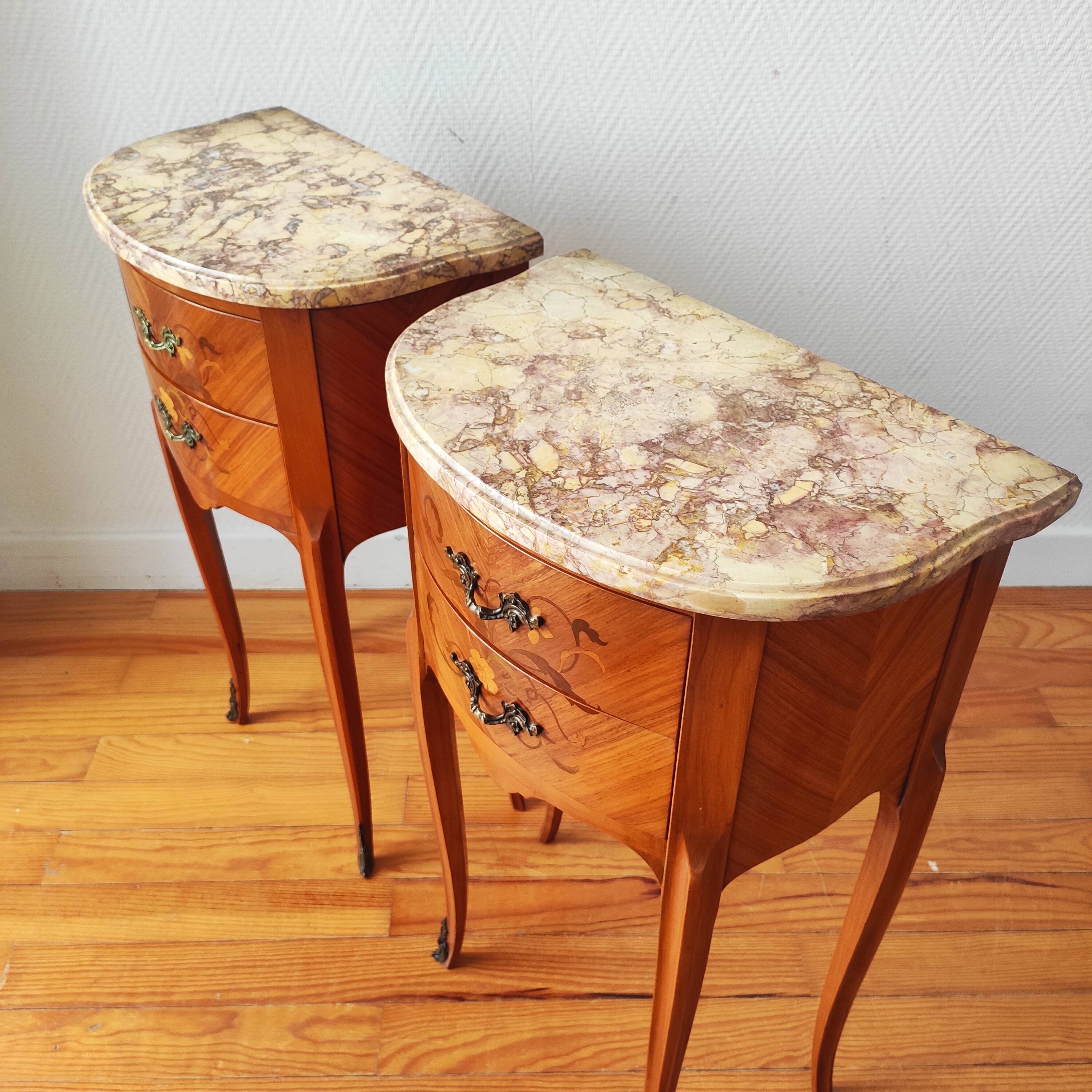 Pair of Louis XV style bedside tables in wood and marble