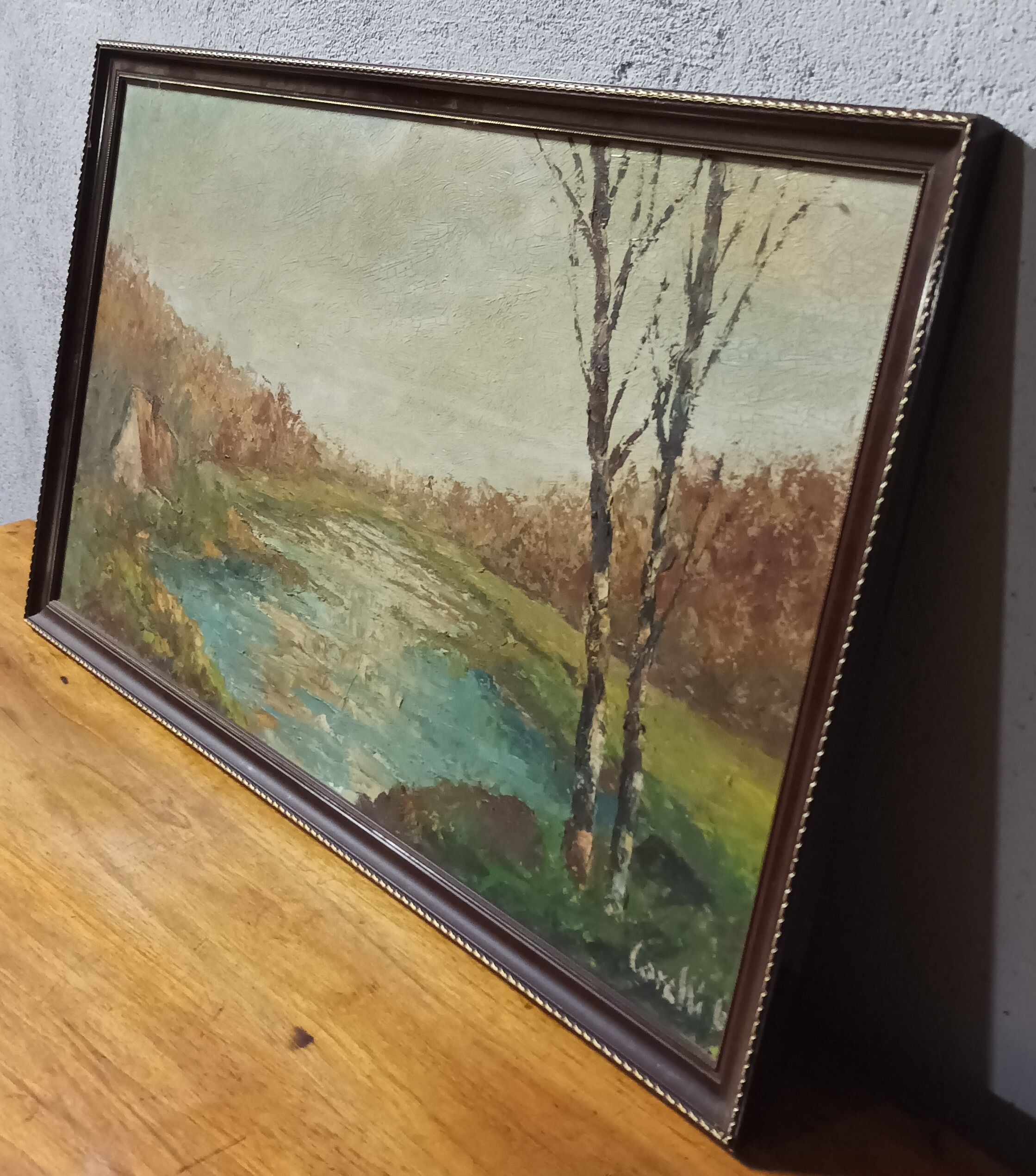 Autumn landscape house on the edge of a pond Oil on panel signed Corelli