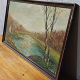 Paysage d'automne maison au bord d'un étang Huile sur panneau signée Corelli