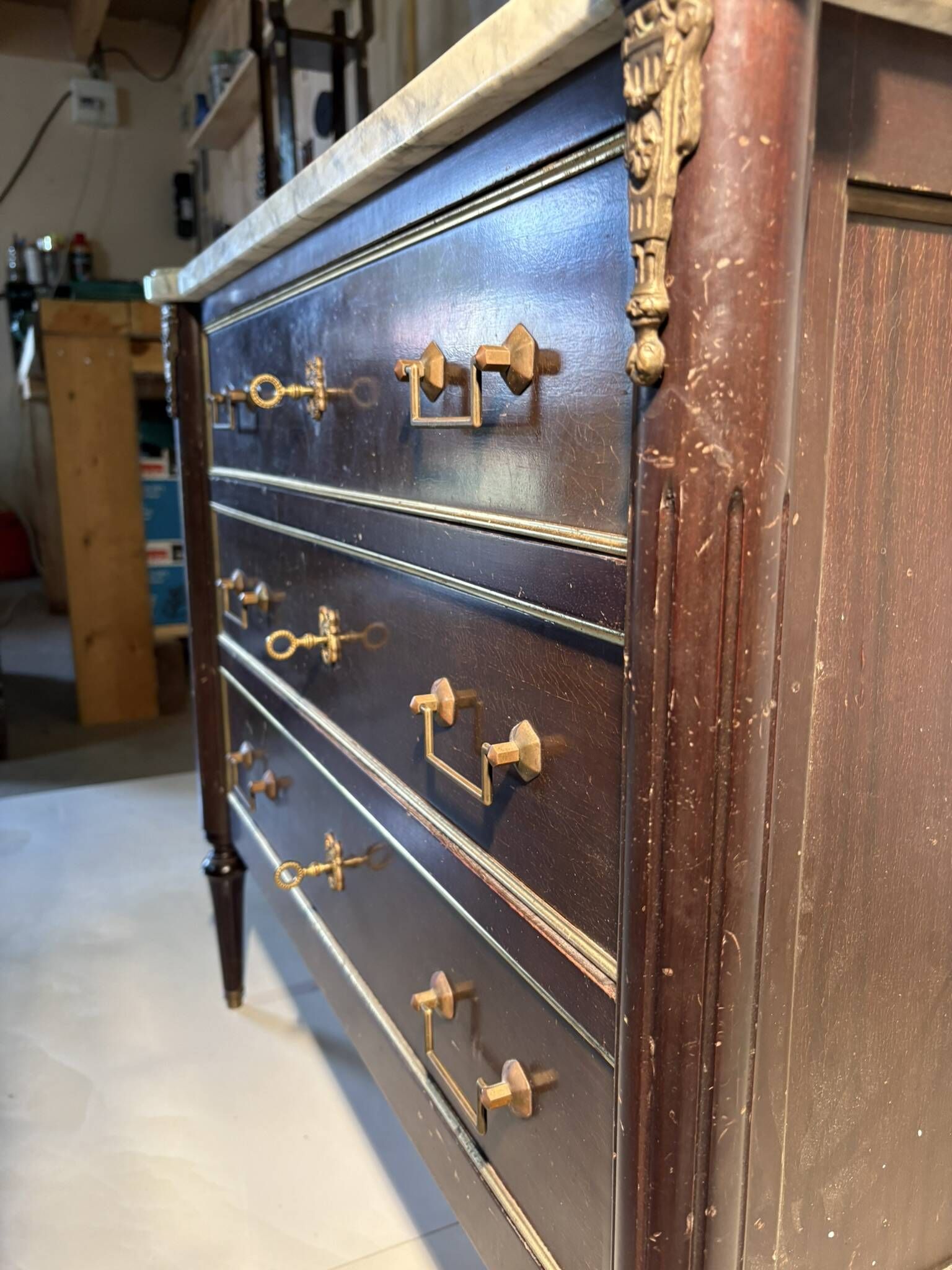 Commode with 3 drawers in Louis XVI style, marble and gilded bronze.