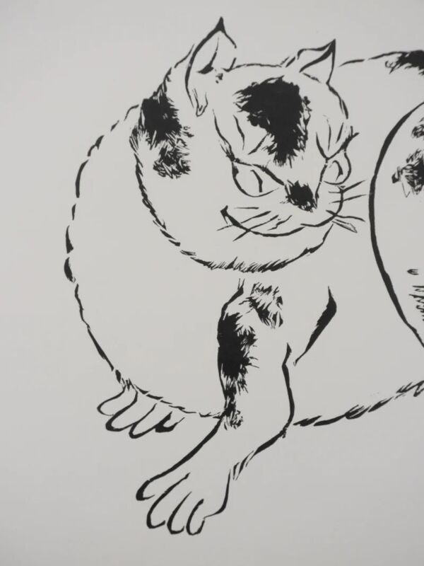 Mokuchu URUSHIBARA : Estampe japonaise, Le Chat, Gravure sur bois signée