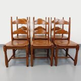 Set of 6 vintage brutalist chairs in oak wood from the 60s