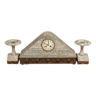 Art Deco clock 1930 in marble and bronze with floral decoration and cassolettes