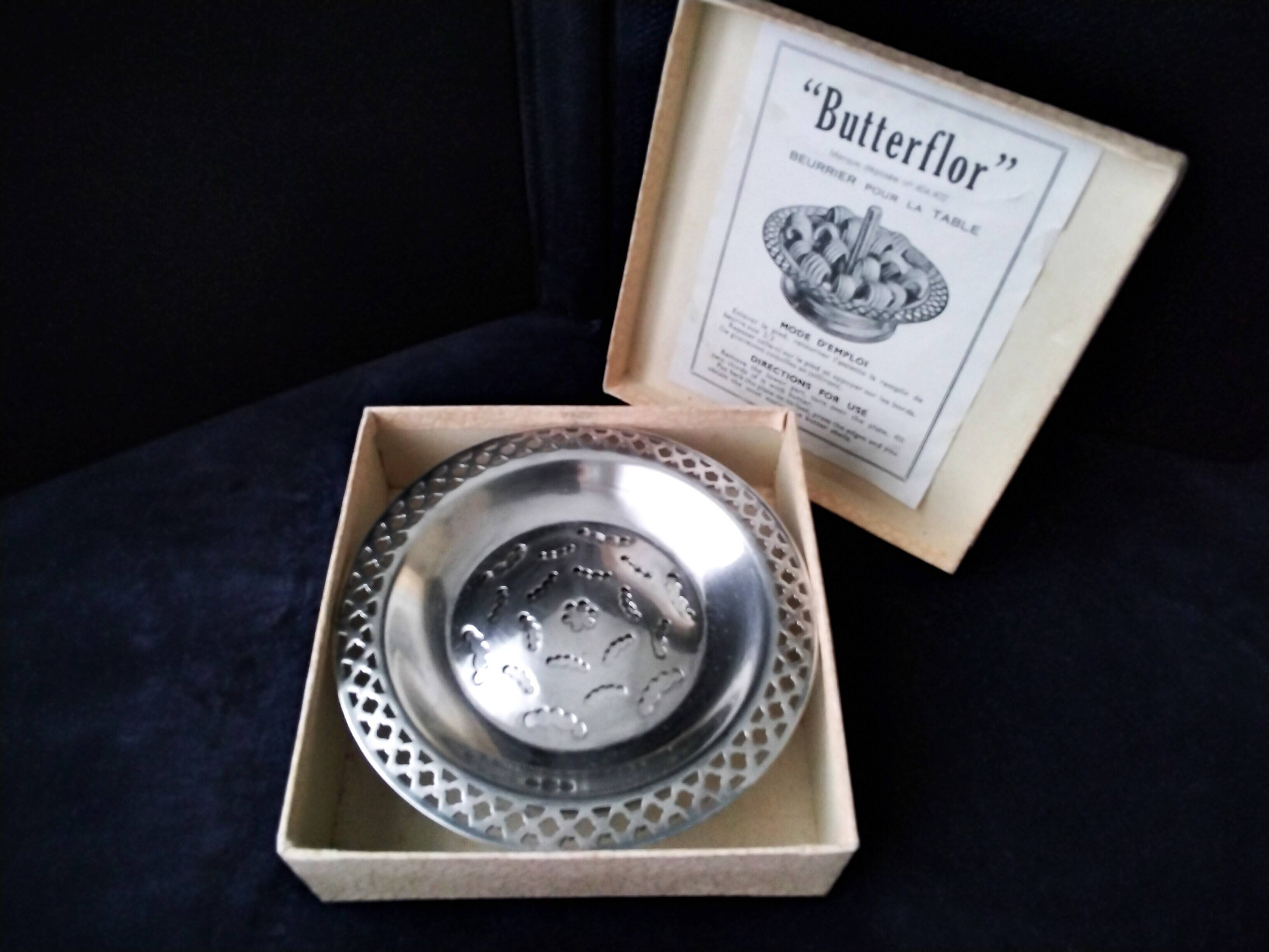 Butter dish, Butterflor butter mold in silver metal