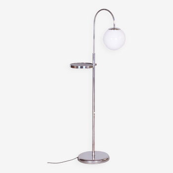 Restored Bauhaus Floor Lamp, Steel, Milk Glass, Adjustable Height, Czech, 1930s