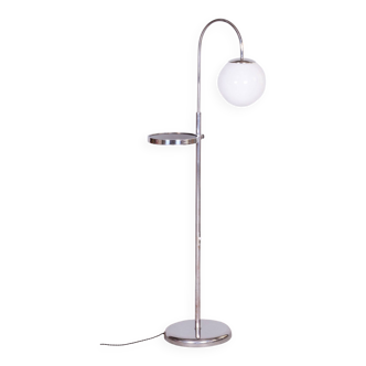 Restored Bauhaus Floor Lamp, Steel, Milk Glass, Adjustable Height, Czech, 1930s