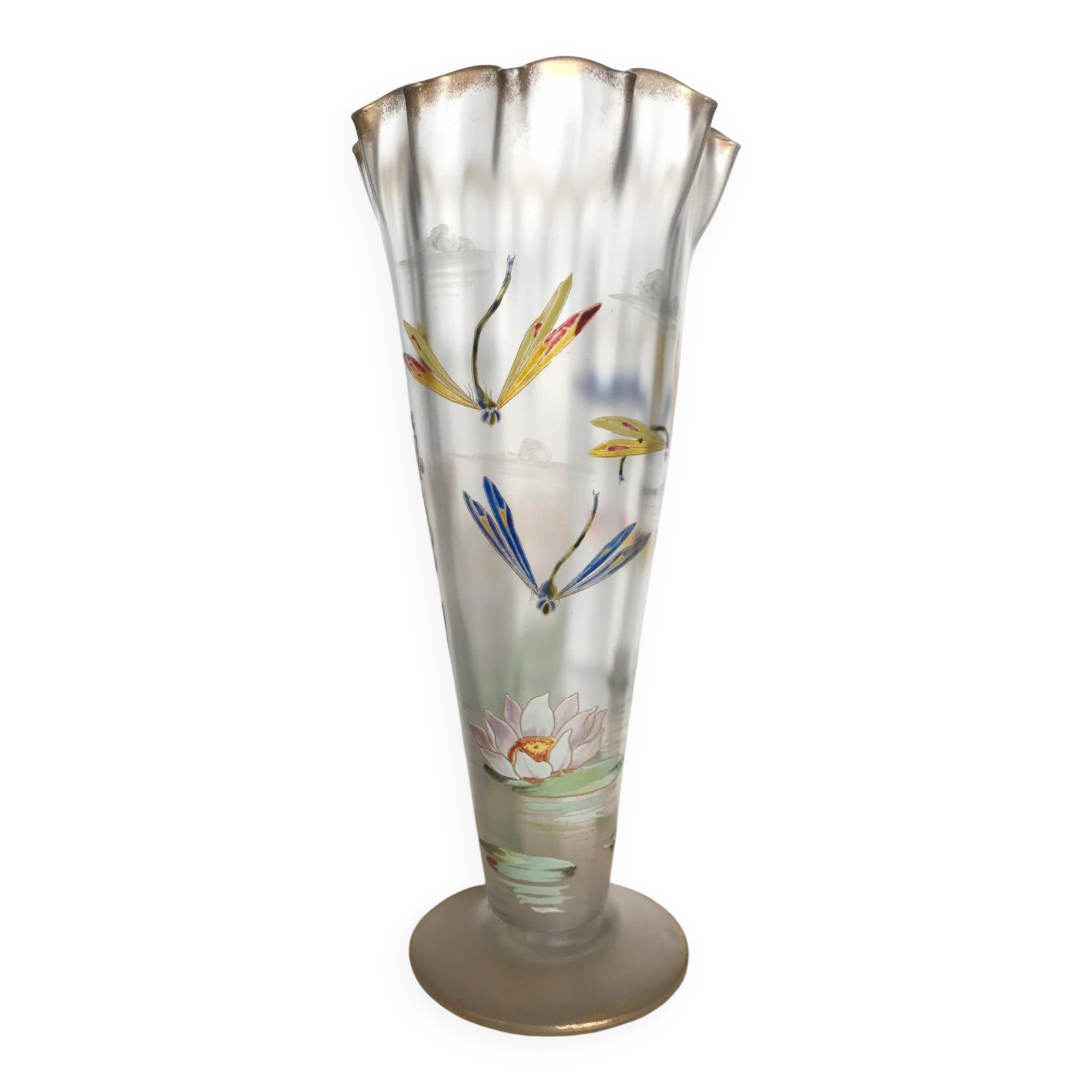 Frosted glass vase with enamel, flower, dragonfly and butterfly motifs