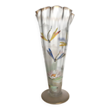 Frosted glass vase with enamel, flower, dragonfly and butterfly motifs