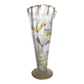 Vase verre dépoli emmaillé, motifs fleurs, libellules et papillons