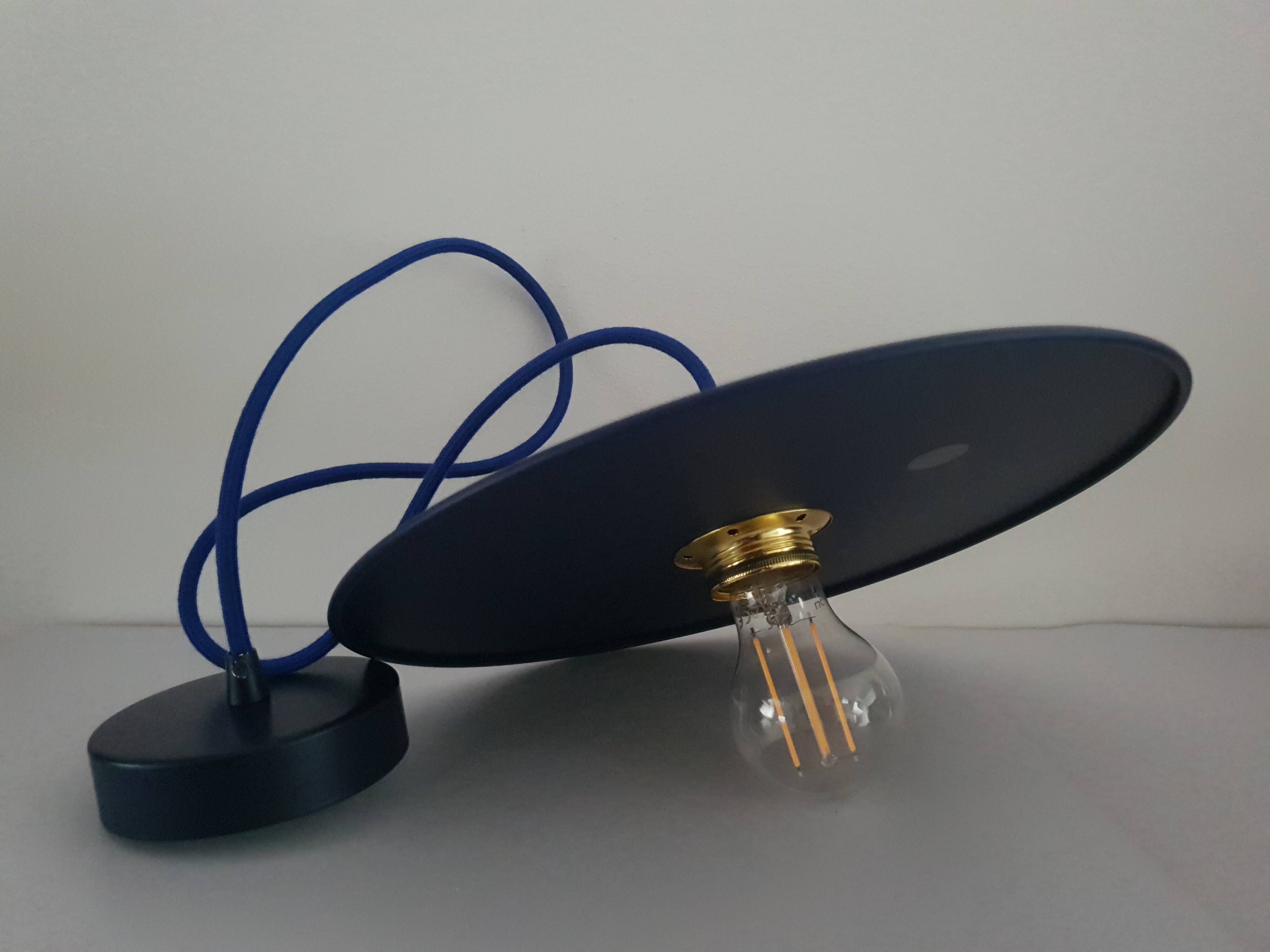 Midnight blue painted metal disc pendant light - blue textile cable
