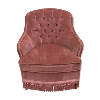 Fauteuil crapaud rose capitonné