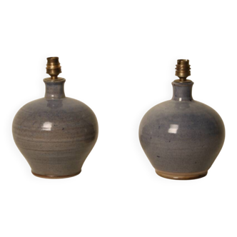 Pair of blue-glazed stoneware lamps
