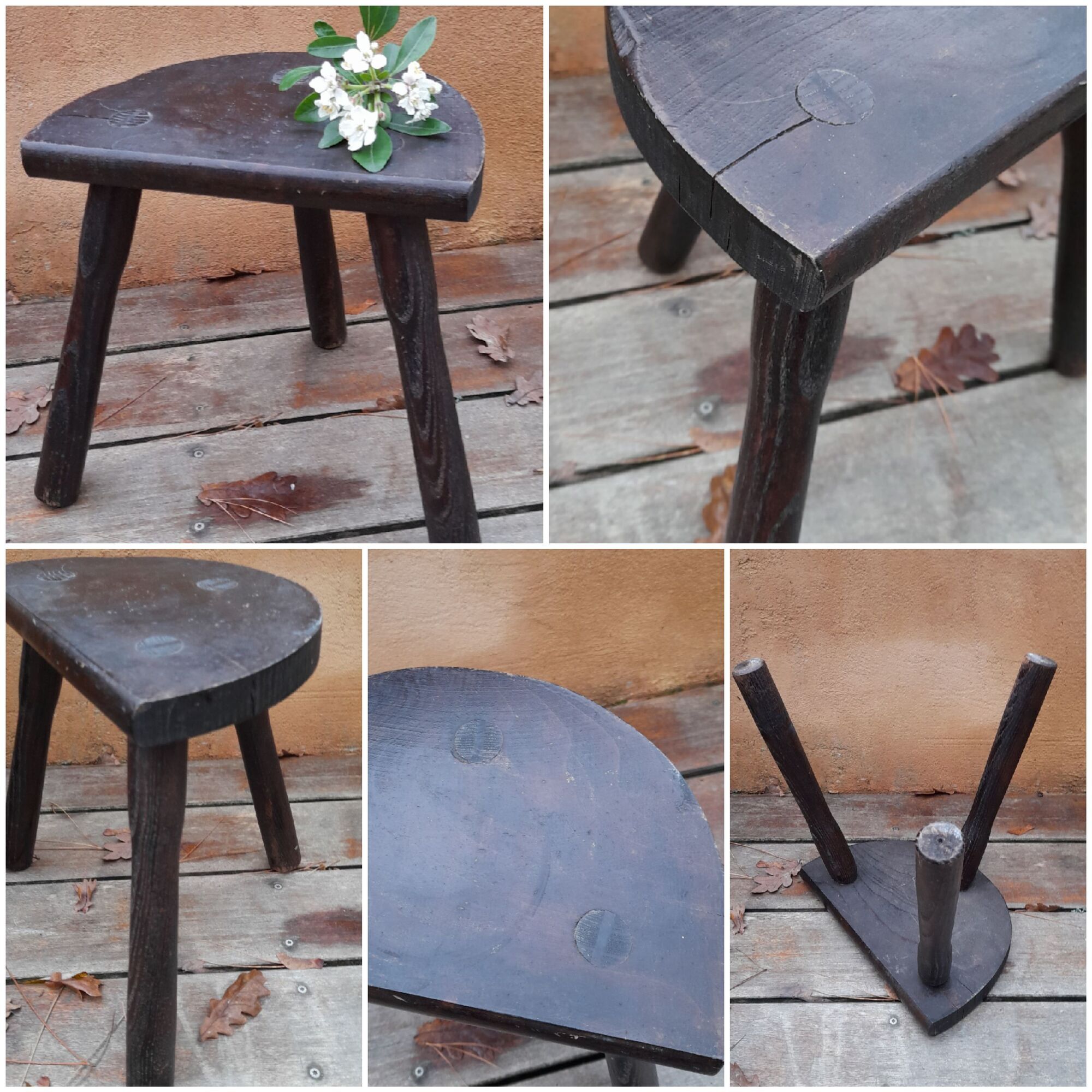 Old farmhouse stool in solid wood, brutalist & authentic, circa 1970's