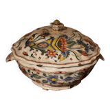 Antique French Faience Lidded Bowl Tureen Hand Painted with Flowers and Insects