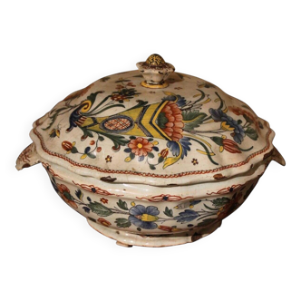 Antique French Faience Lidded Bowl Tureen Hand Painted with Flowers and Insects