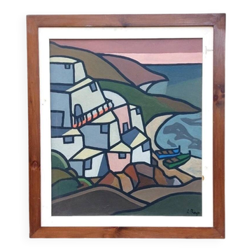 Oil Painting on Canvas "Fishing Scene" Franco Prayer (1924) 70 x 6