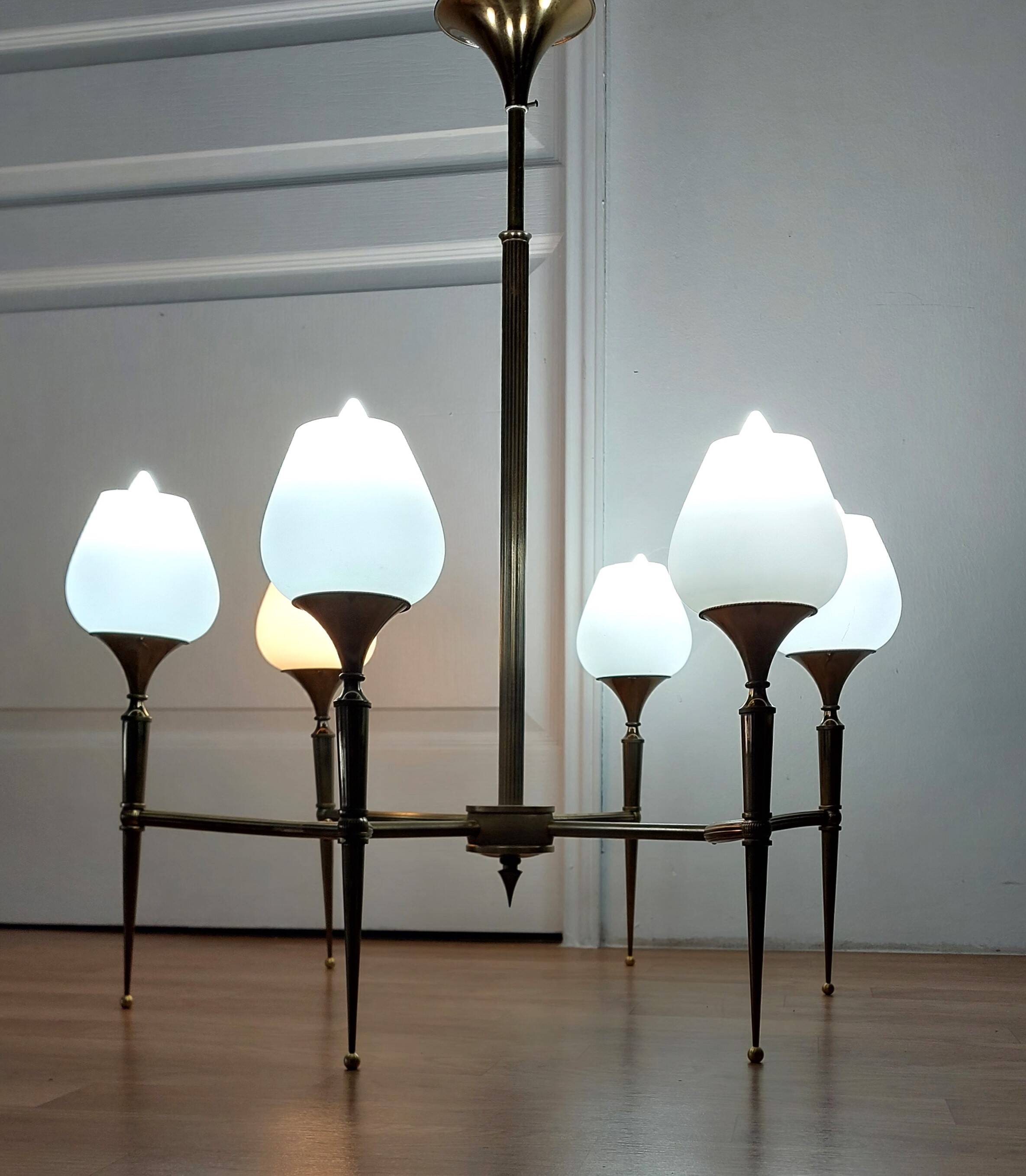 Chandelier in gilded brass and white opalines with 6 lights 1960.