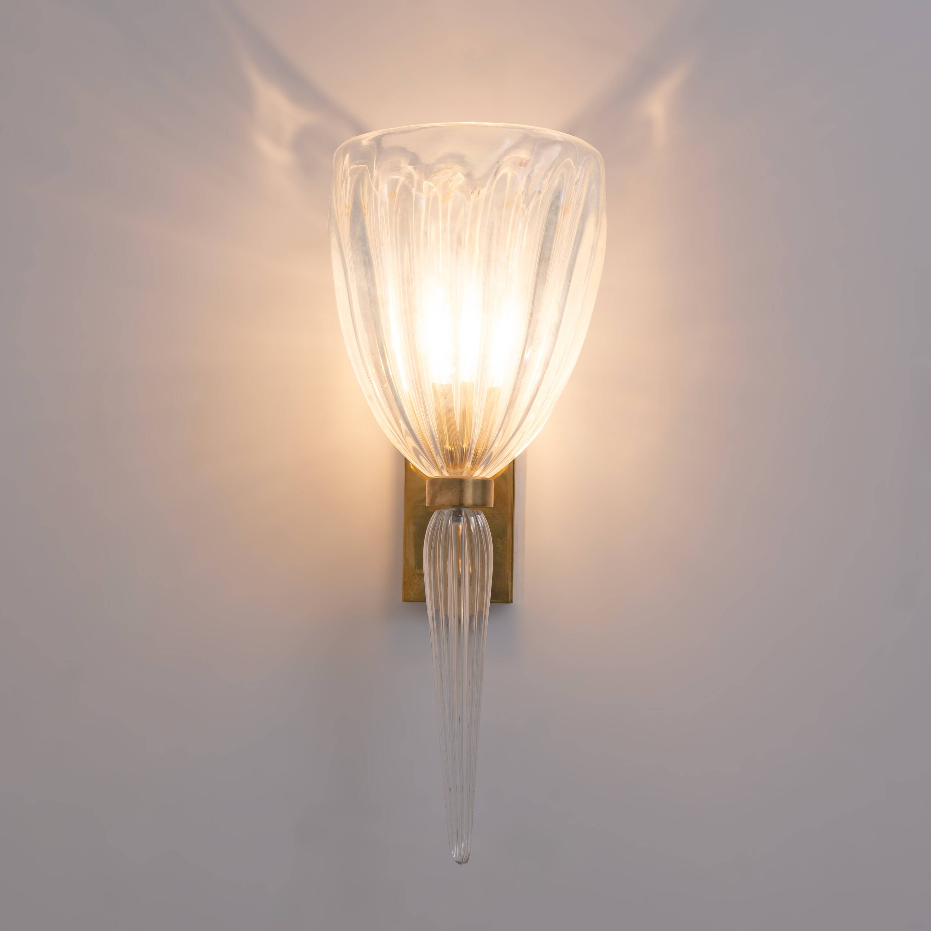 Pair of Italian Murano Iridescent Glass and Brass Wall Sconces