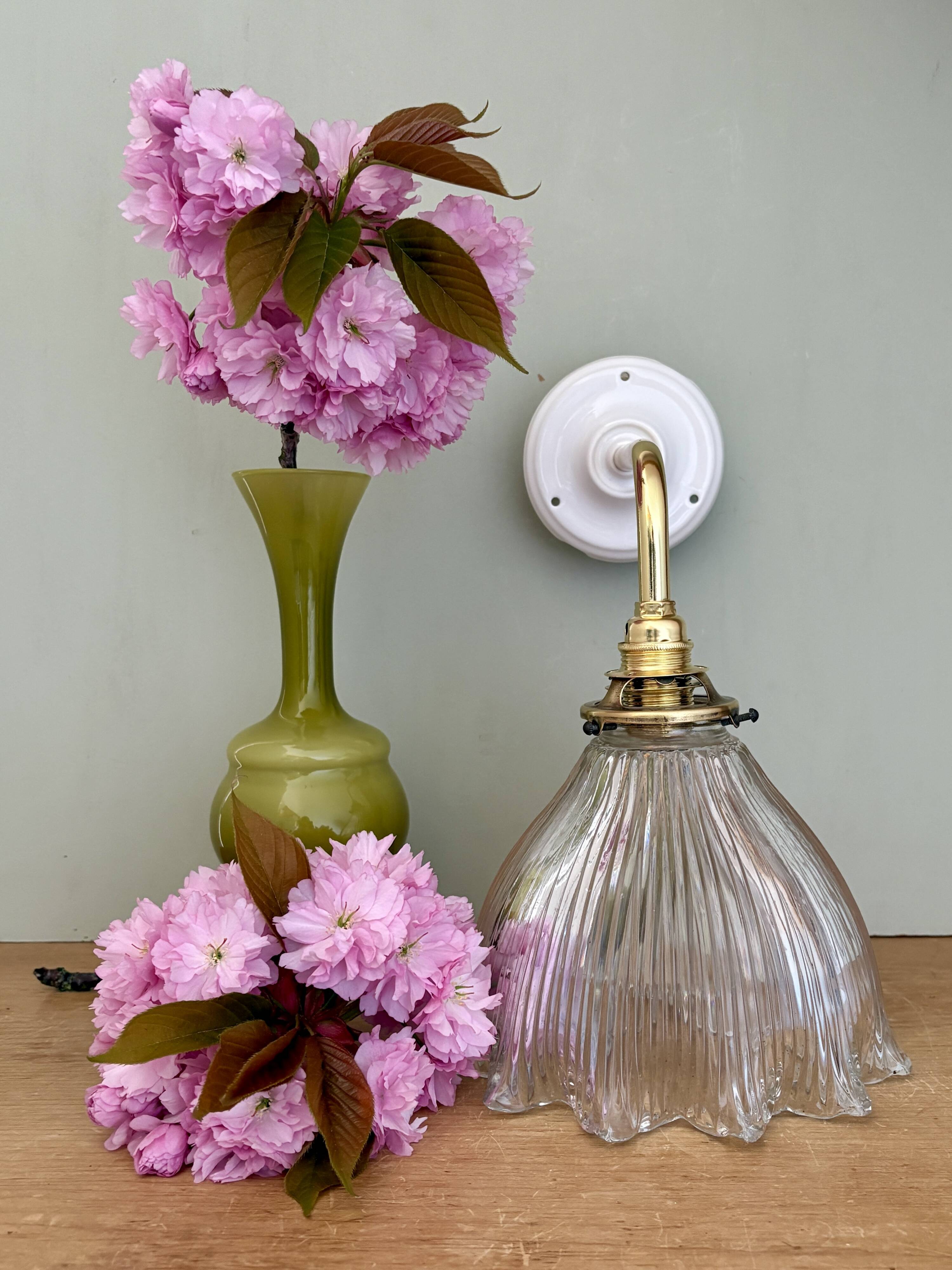 Elbow wall lamp with vintage holophane glass shade