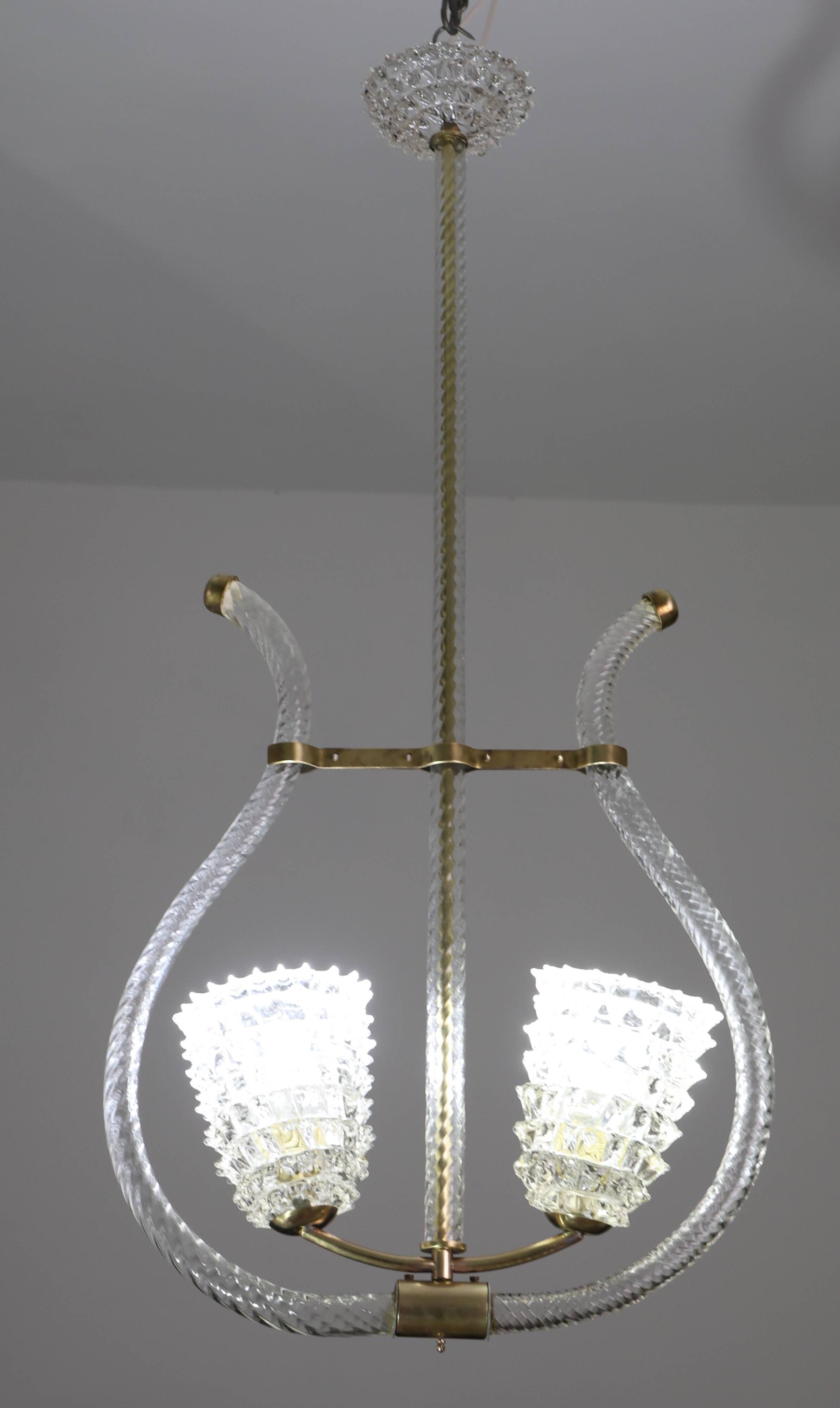 Amazing 2 Light Clear Rostrato Murano Glass Chandelier by Barovier & Toso,