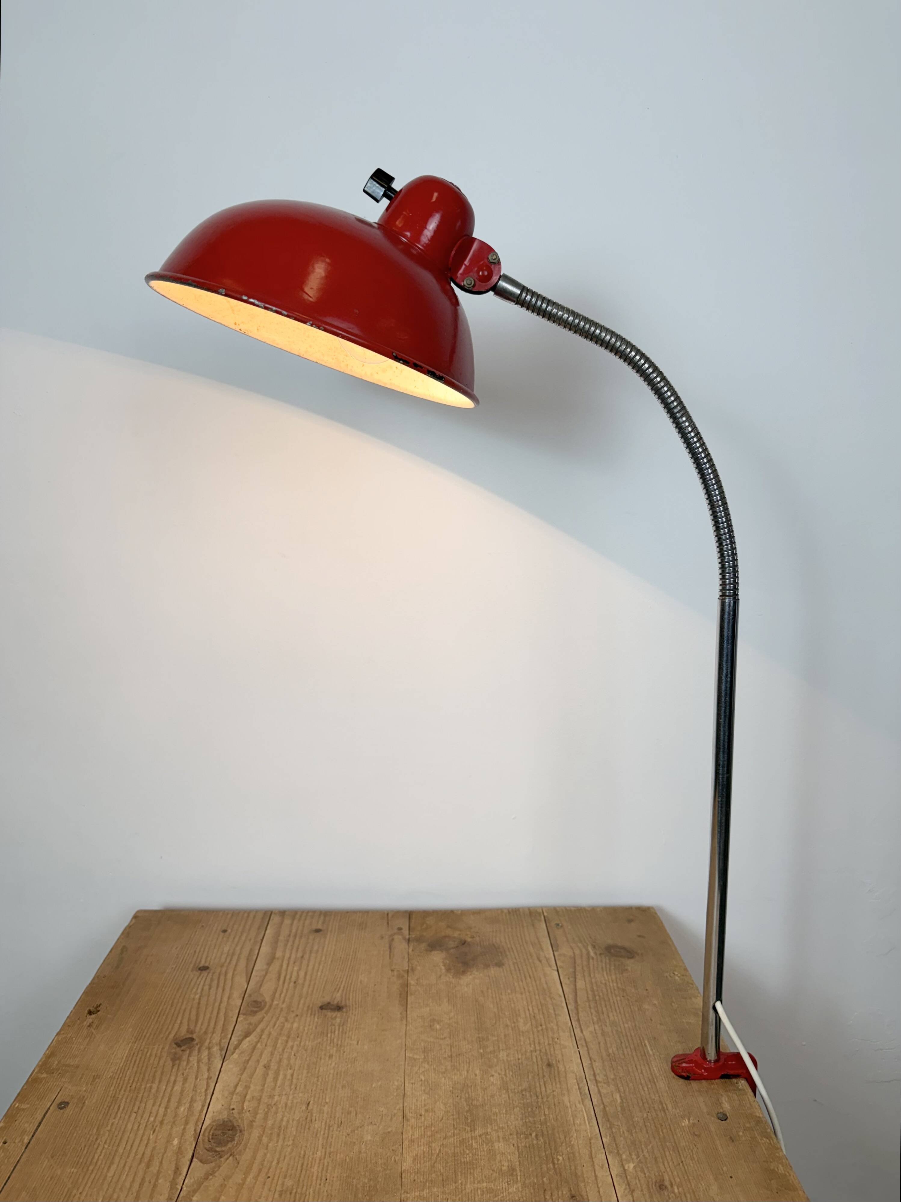 Large Red Industrial German Workshop Table Lamp from Helo Leuchten, 1950s