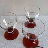 Service set of 8 antique glasses with port faceted or cooked wine Blown glass Amber foot 50s