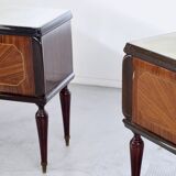 Set Of 2 Italian Midcentury Walnut Burl And Brass Bedside Tables / Cabinets
