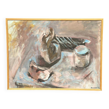 Huile sur toile originale suédoise – “Stilleben” par Anna Jonsson – Vintage et encadrée – 56,5 × 75,5 cm (22,2" × 29,7")