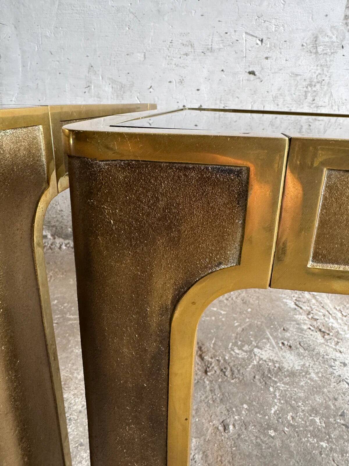 Pair of Gold Bronze Side Tables with Smoked Glass Tops — Solid Bronze, 1970s Belgian Design