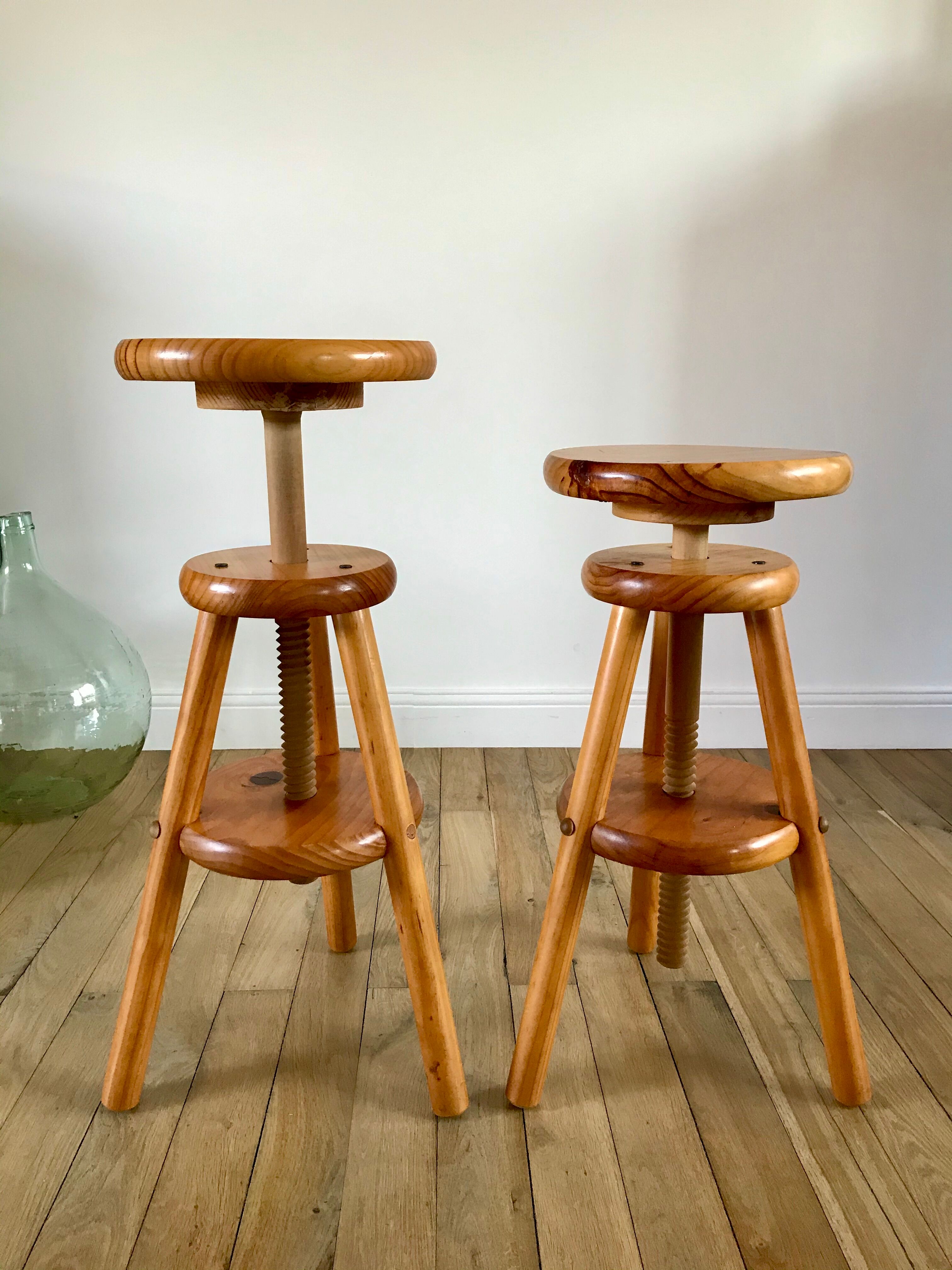 pair of adjustable architect stools pine style 60s