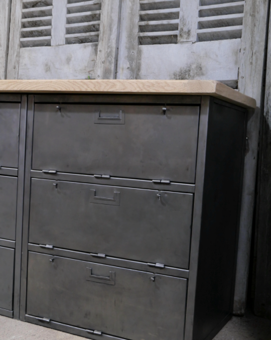 Military furniture metal console with wooden top and 6 drawers