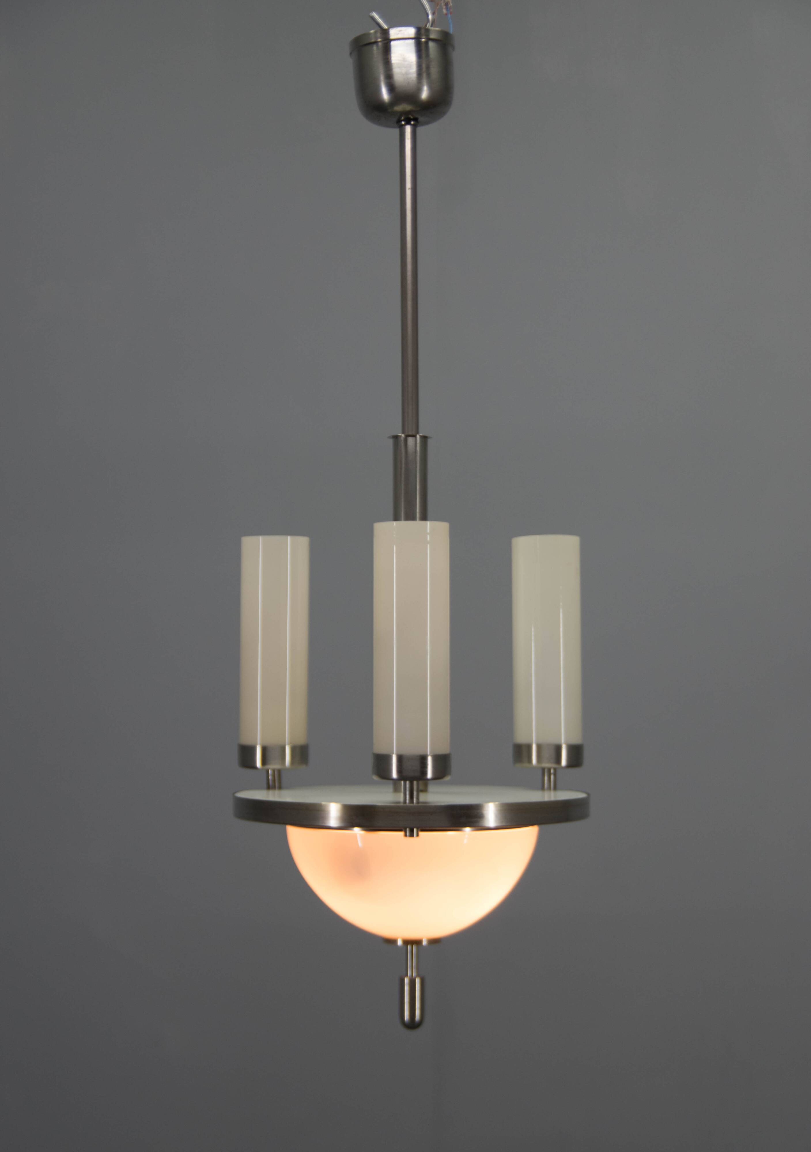 Art Deco Tubular Nickel Plated Chandelier, 1920s, Restored