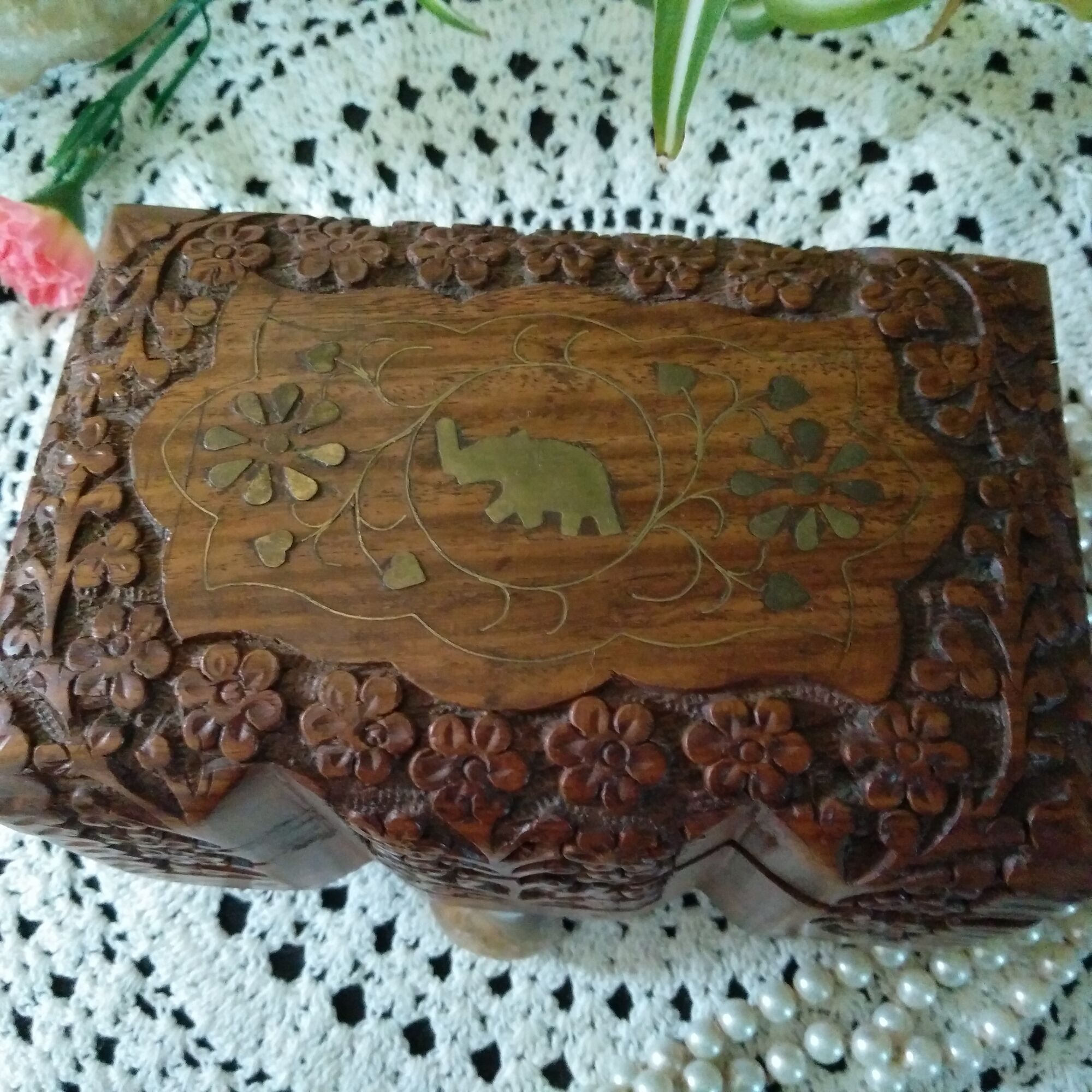 Ancient wooden jewelry box with mirror, engravings and brass décor,Asia India