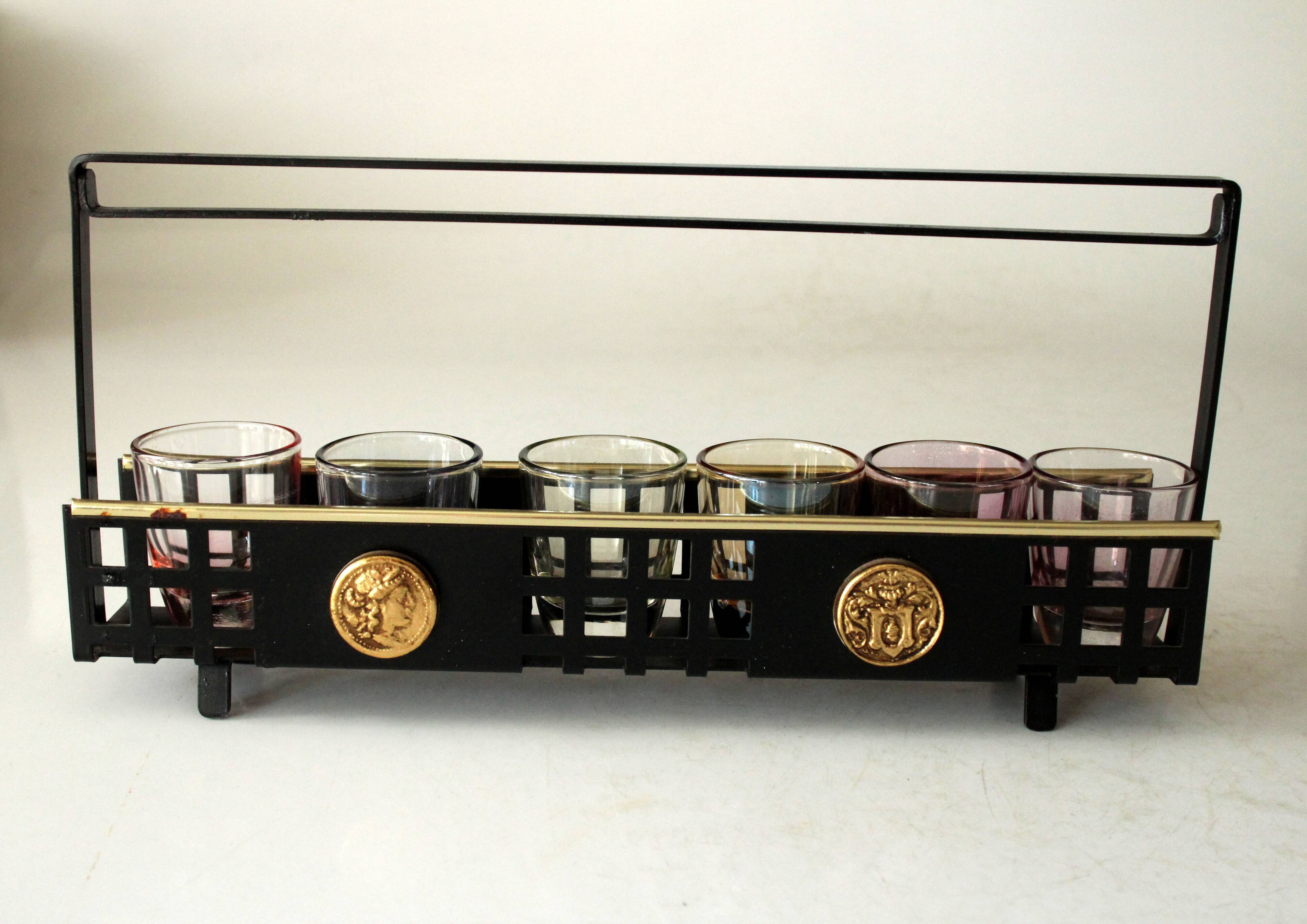 6 spirit glasses on a metal tray 1950