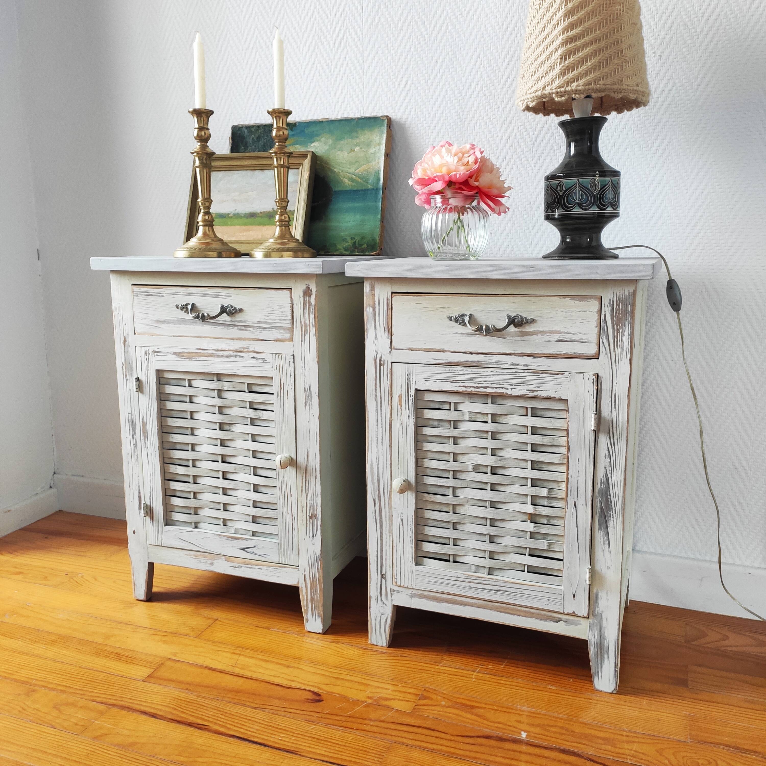 Pair of patinated bedside tables and end tables
