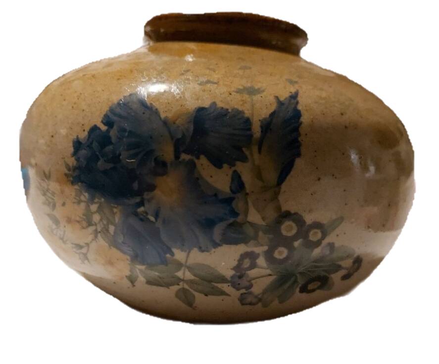Pretty ball vase in enamelled stoneware with blue floral motifs