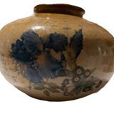 Pretty ball vase in enamelled stoneware with blue floral motifs