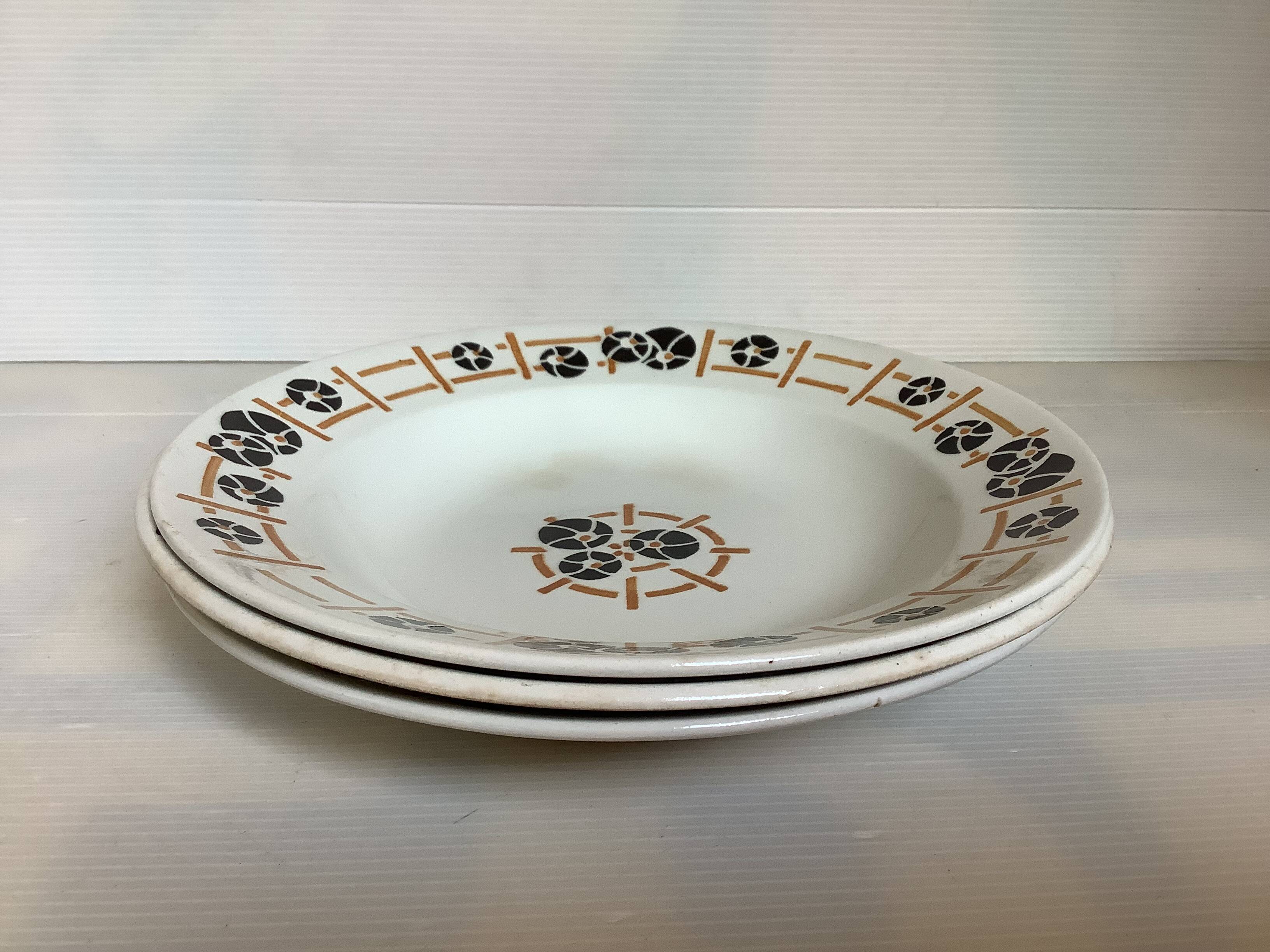 Three old earthenware soup plates from the 1930s, water lilies model