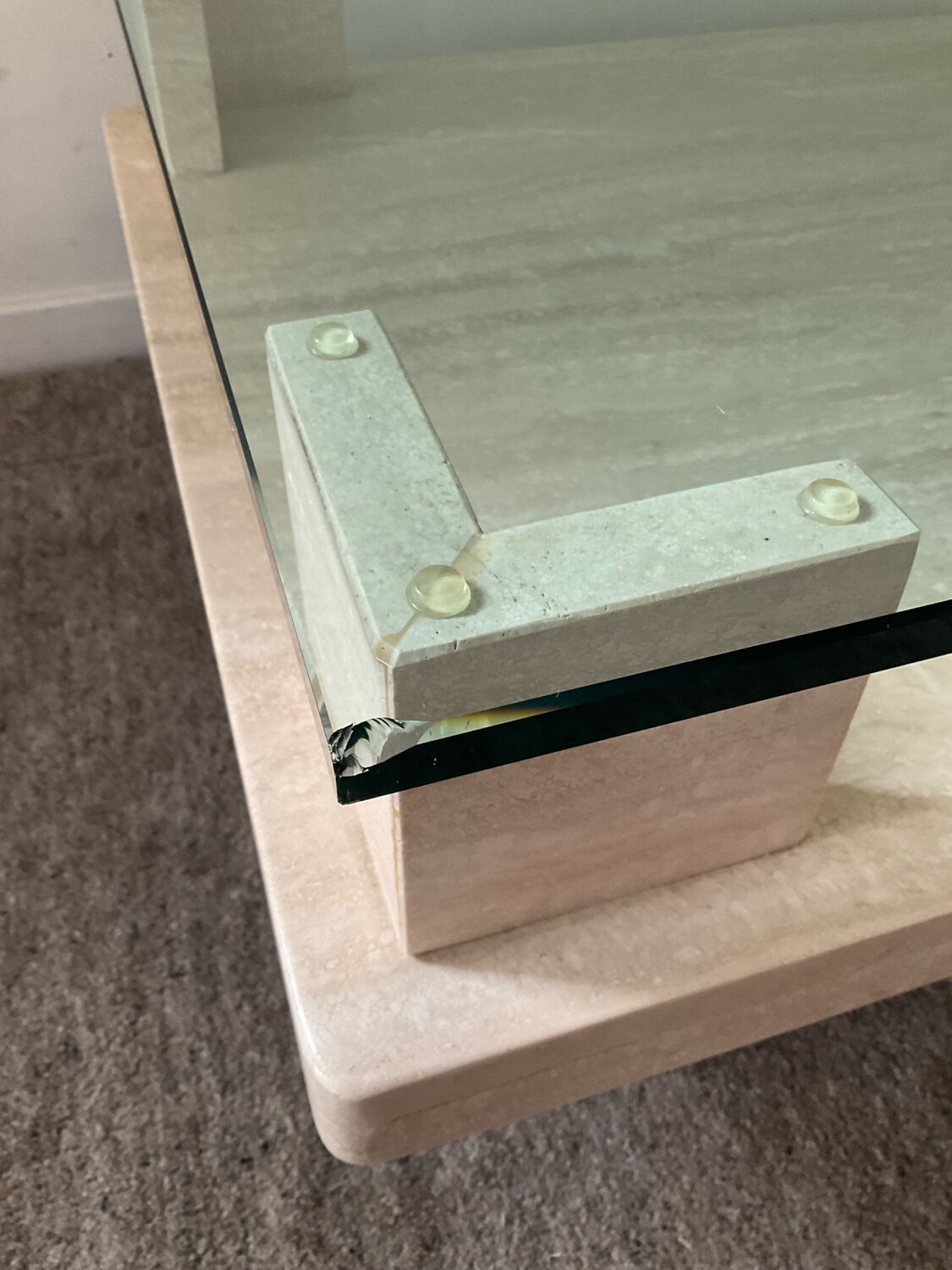 Vintage travertine and glass coffee table