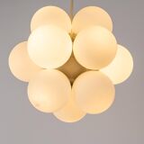 Kaiser Sputnik chandelier, molecular shape, 12 opal glasses, Germany, 1970s