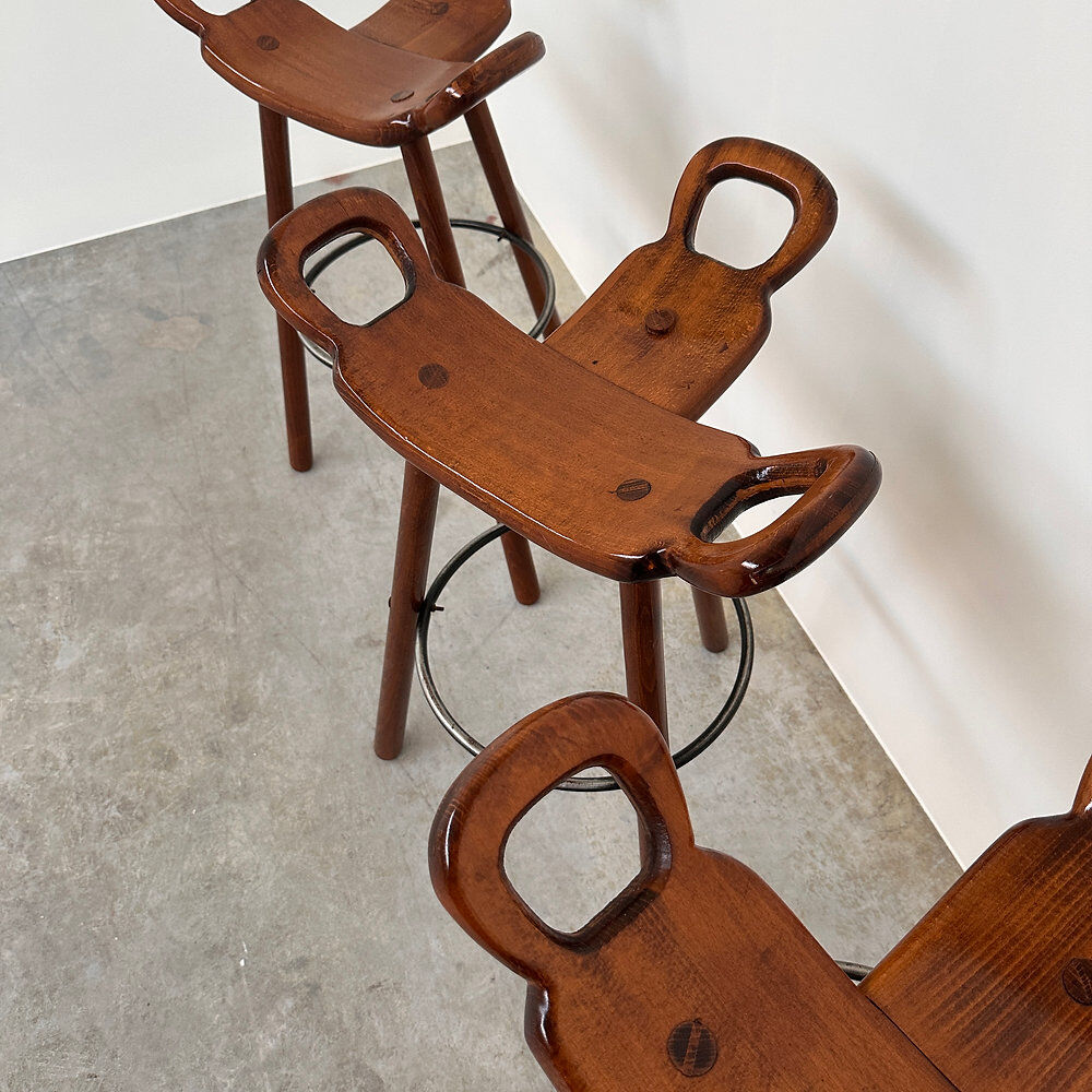 Vintage Sergio Rodrigues style bar stool, solid wood saddle stool, Brazilian modern