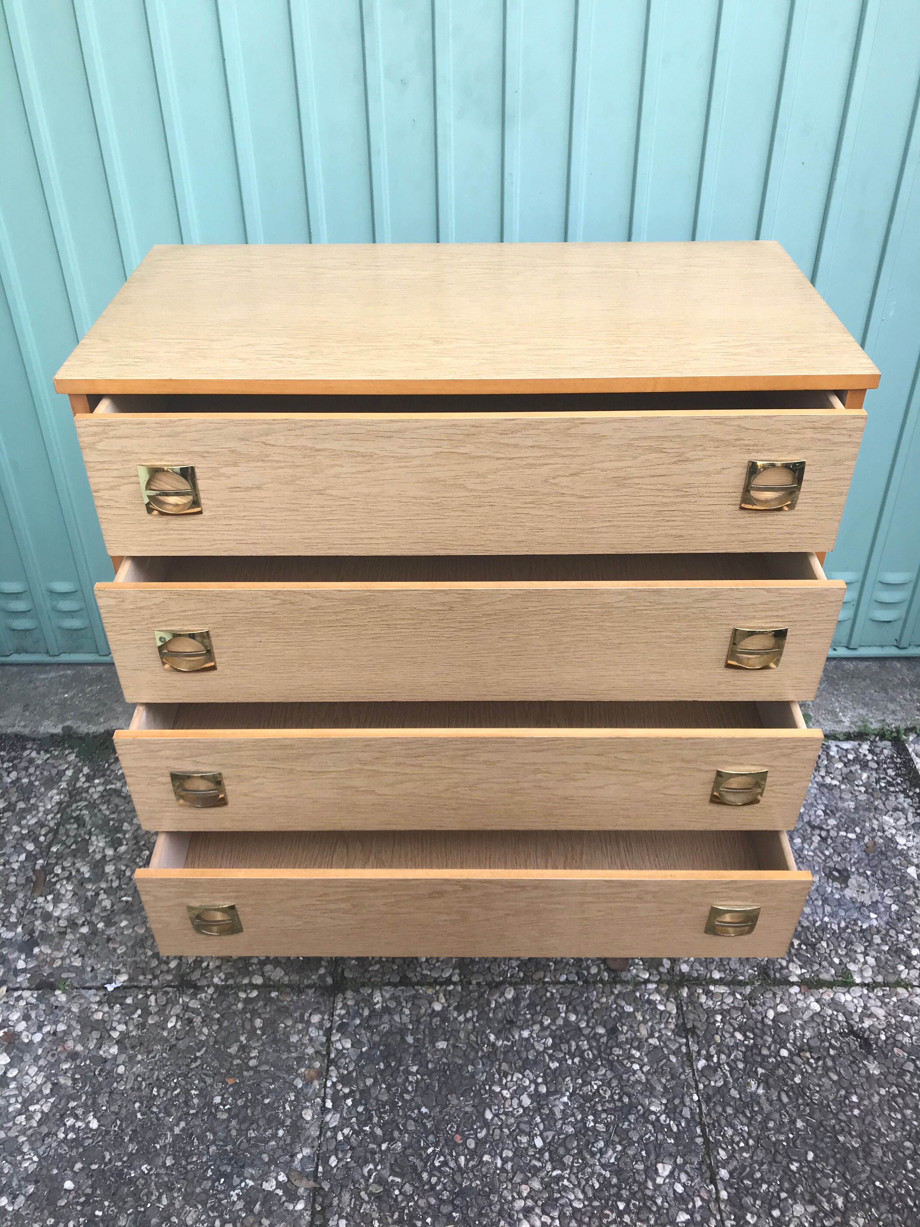 Old wooden chest of 4 drawers - handles brass feet compass 70s vintage