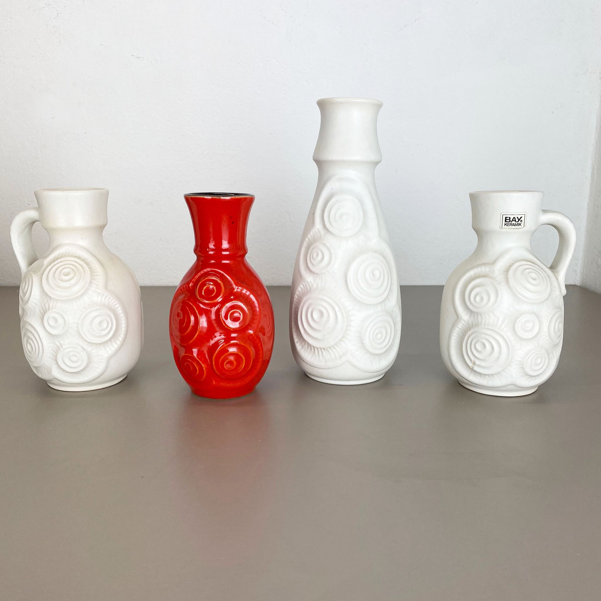 Set of 4 Red-White Fat Lava Op Art Pottery Vases by Bay Ceramics, Germany