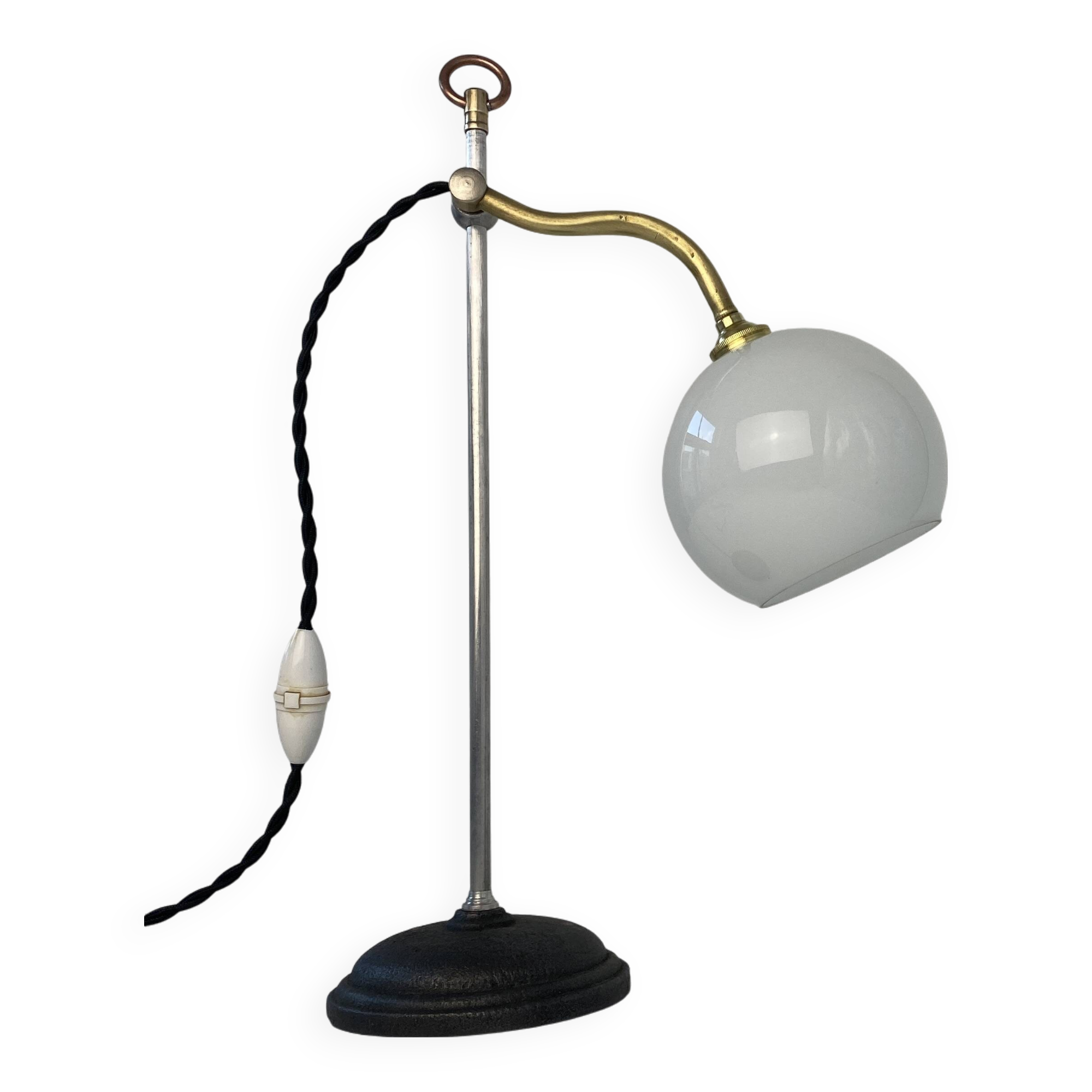 Vintage up and down lamp in opaline, brass and metal
