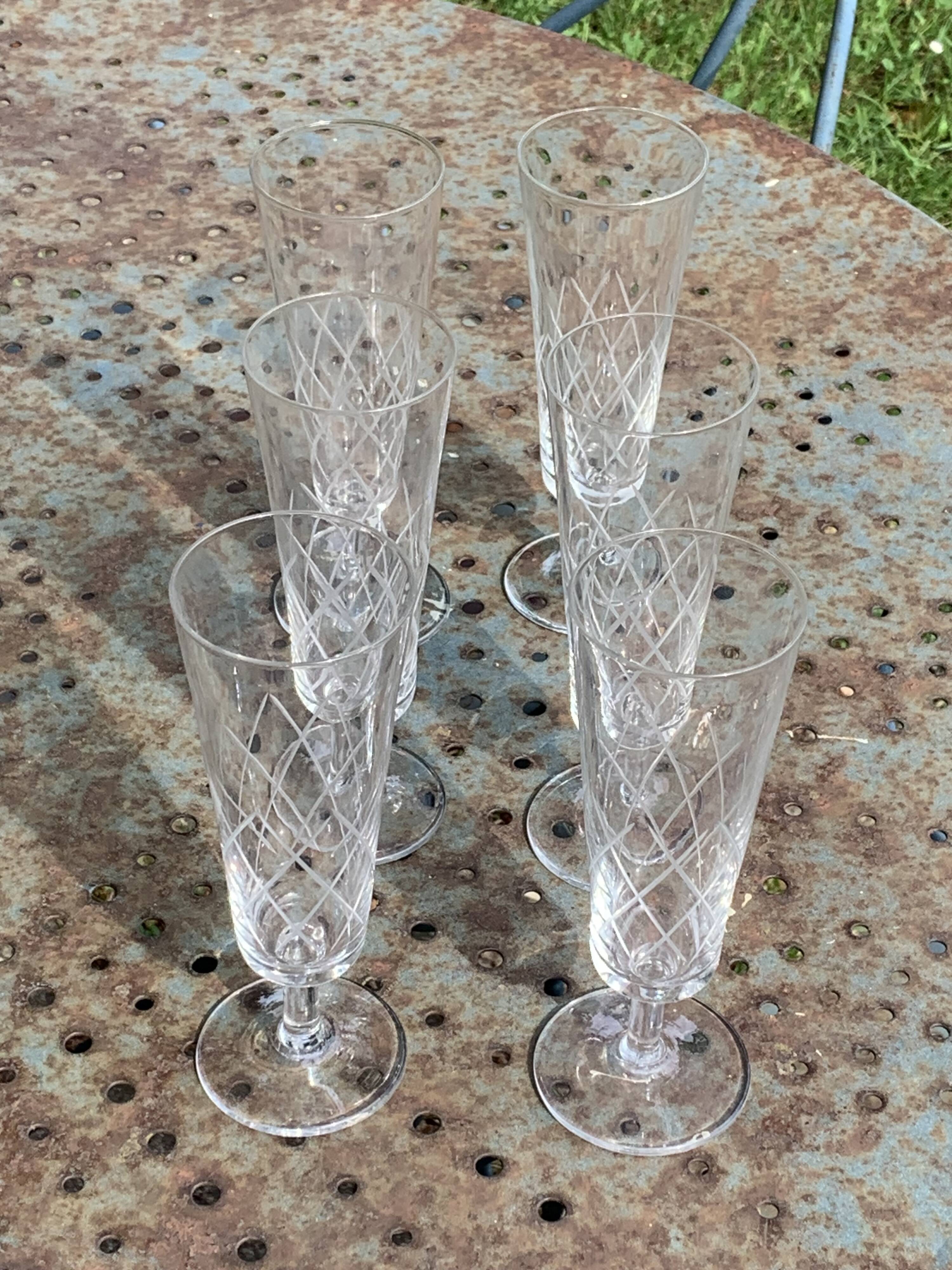 6 vintage clear chiseled crystal and glass champagne flutes