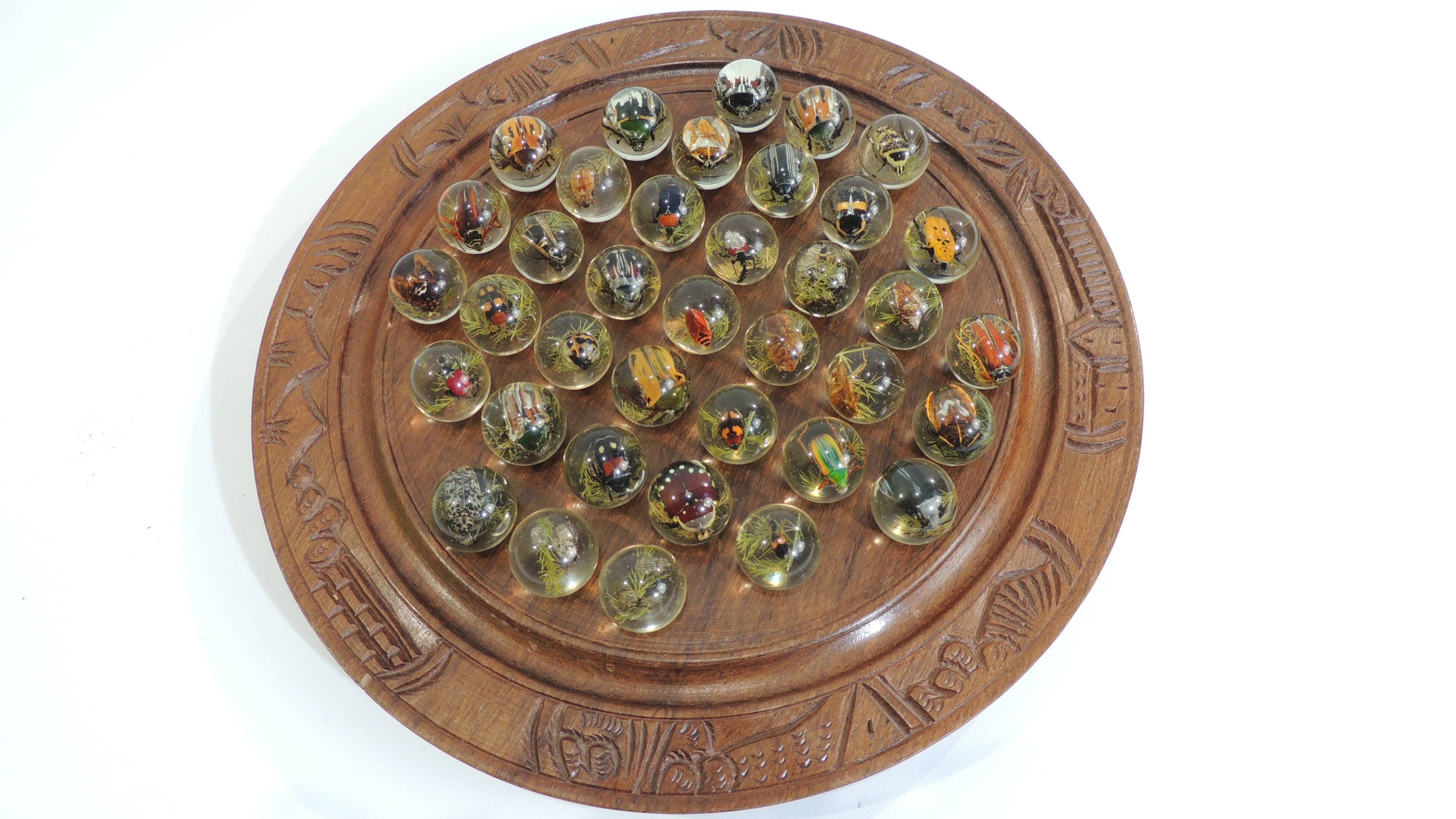 Vintage wooden carved solitaire game – Resin balls with insects –