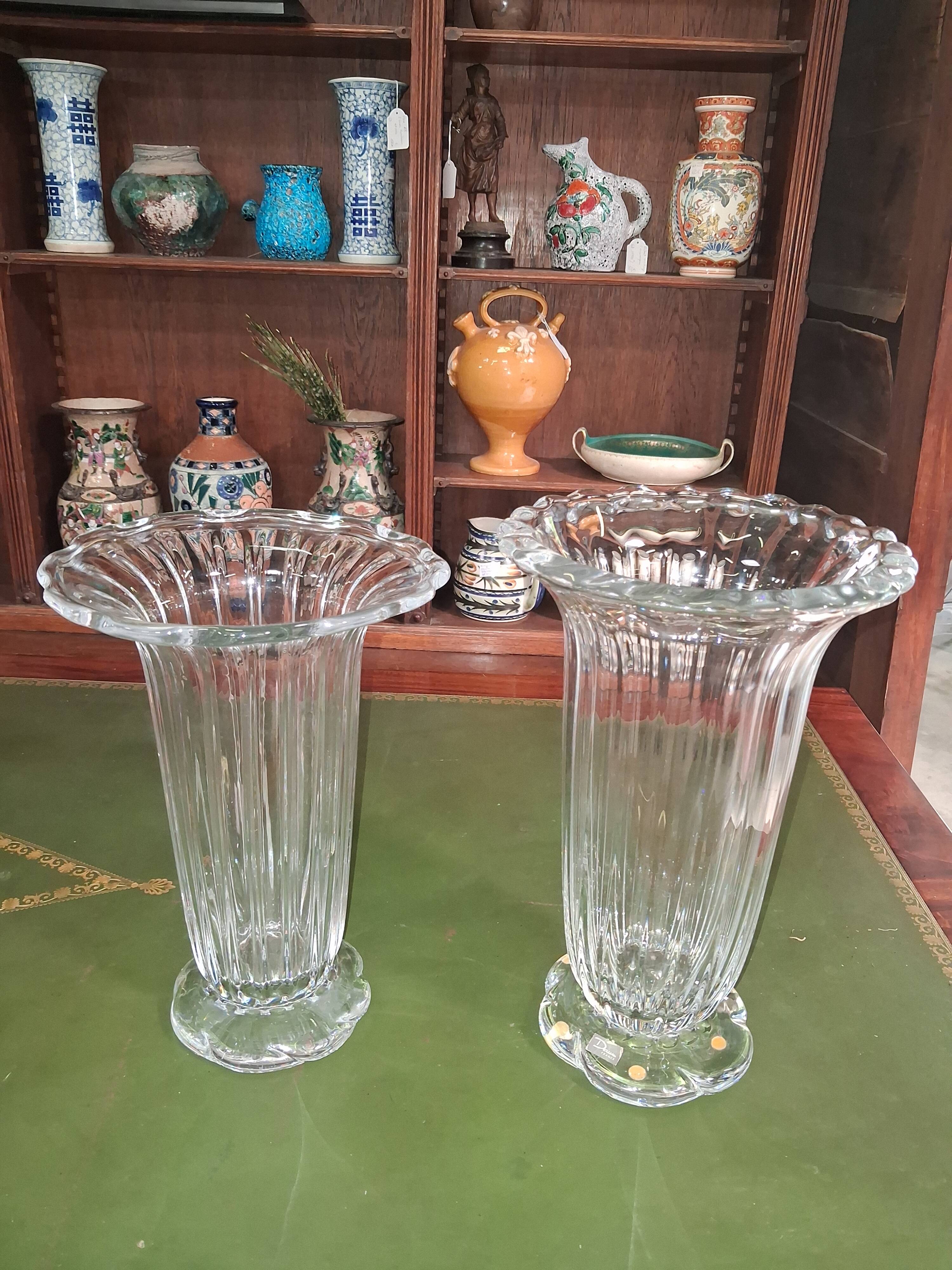Pair of Daum France crystal cornets vases – Twisted ribbed model