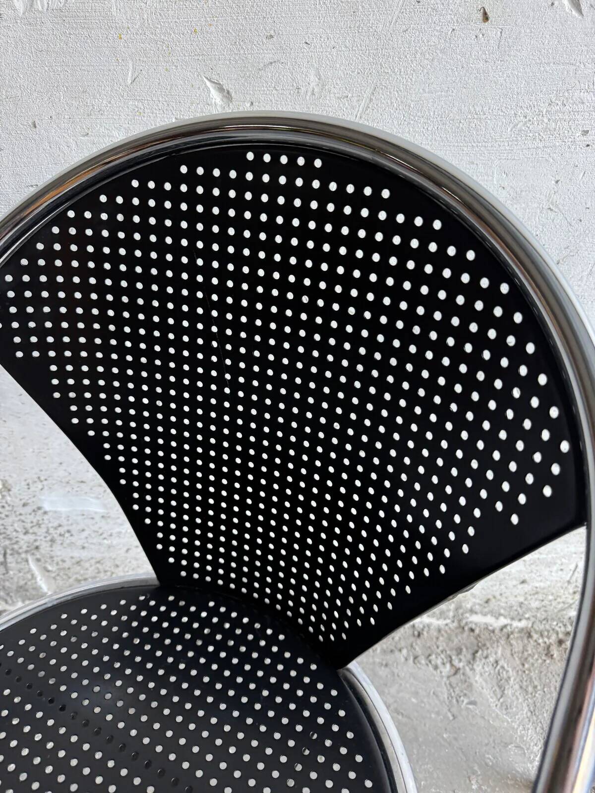 Set of 2 black perforated metal chairs with chrome frame, 1980s industrial-modern design