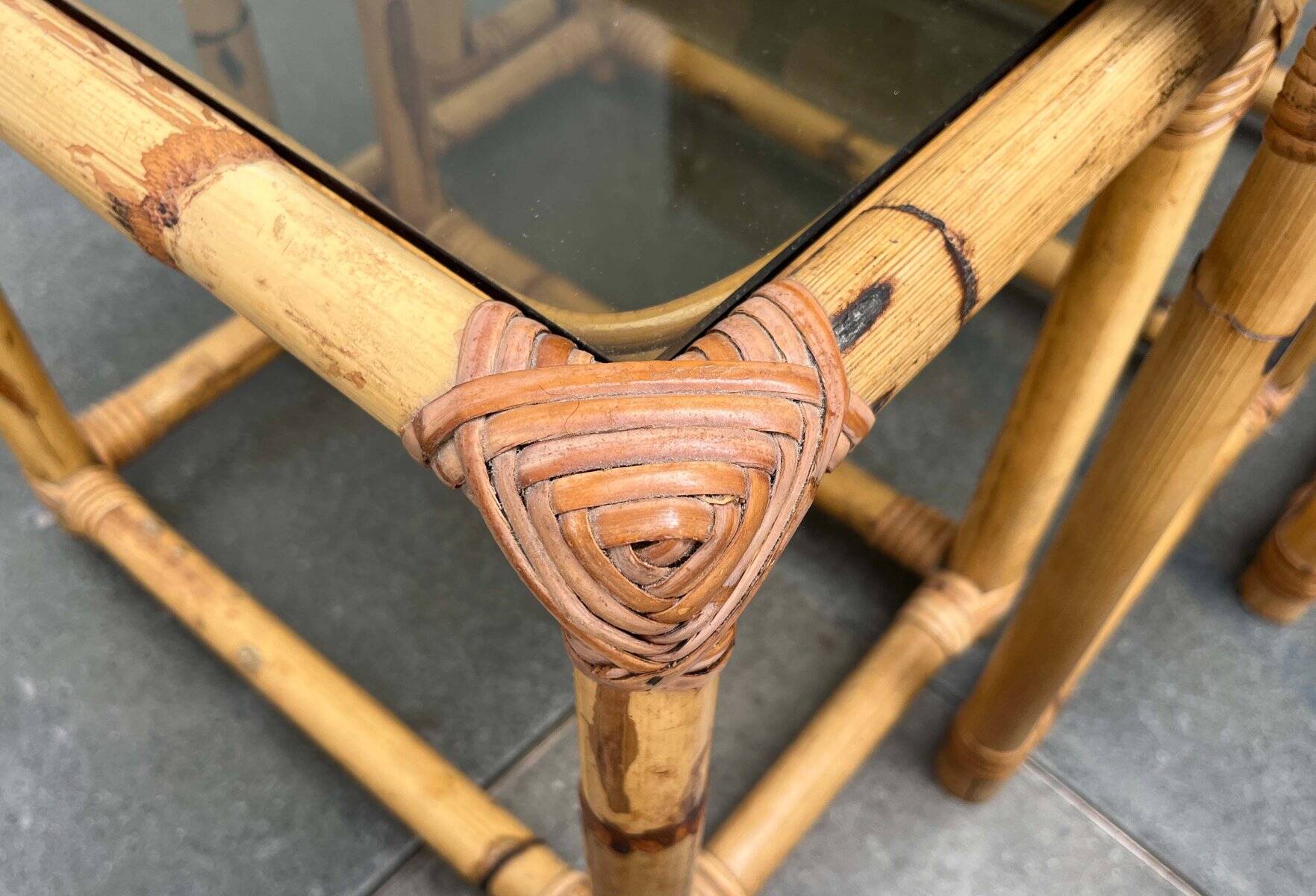 Nest of bamboo and glass tables in mid-century style, 1960s, set of 3.